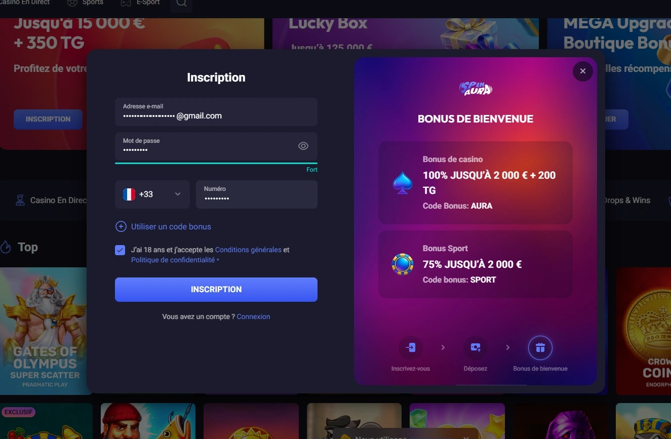 Formulaire d'inscription avec champs e-mail, mot de passe et téléphone, offres affichées